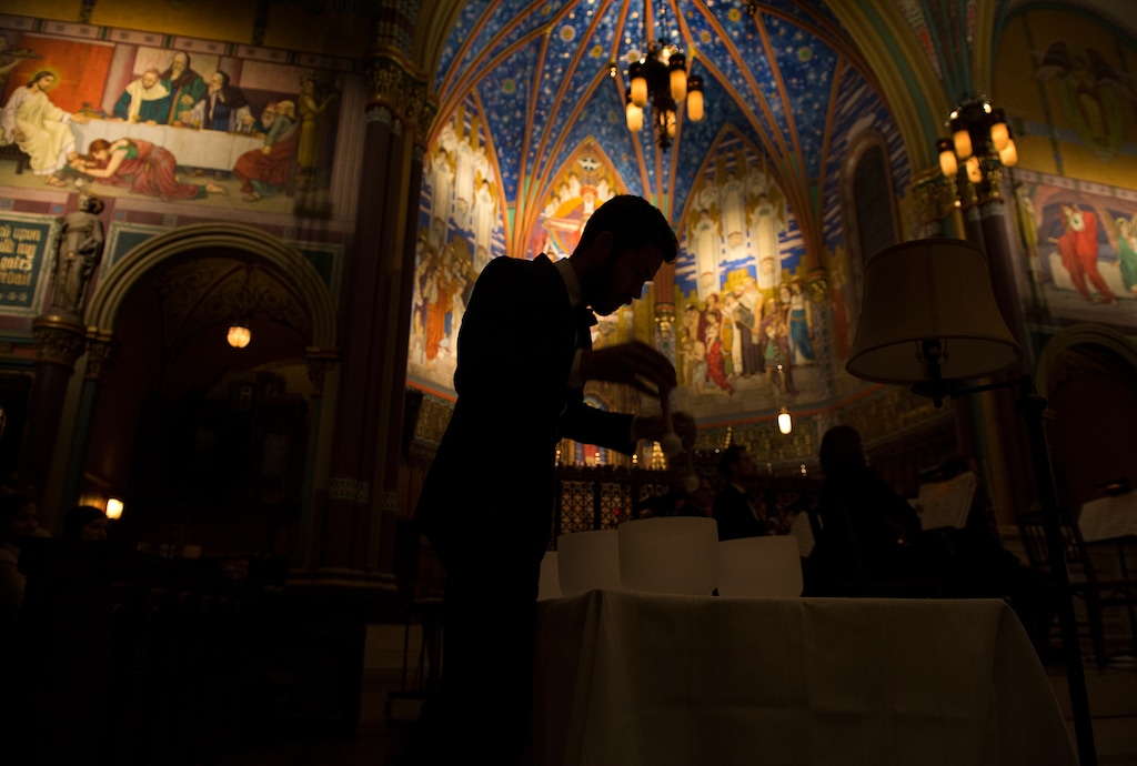 (Leah Hogsten  |  The Salt Lake Tribune) Eric Hopkins, a crystal bowl ringer with the Utah Chamber Artists, plays several singing bowls that are tuned to different frequencies during their annual collage concert  "In Memoriam" at the Cathedral of the Madeleine, Monday, Sept. 18, 2017.
