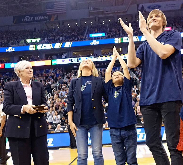 Lennie Mahler  |  The Salt Lake TribuneJazz owner Gail Miller honors former player Andrei Kirilenko during a timeout at Vivint Smart Home Arena in Salt Lake City, Monday, March 28, 2016.