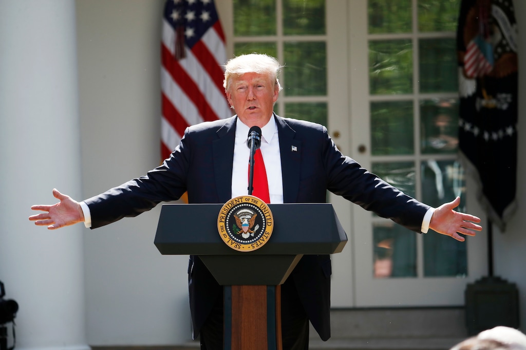 President Donald Trump speaks about the U.S. role in the Paris climate change accord, Thursday, June 1, 2017, in the Rose Garden of the White House in Washington. (AP Photo/Pablo Martinez Monsivais)