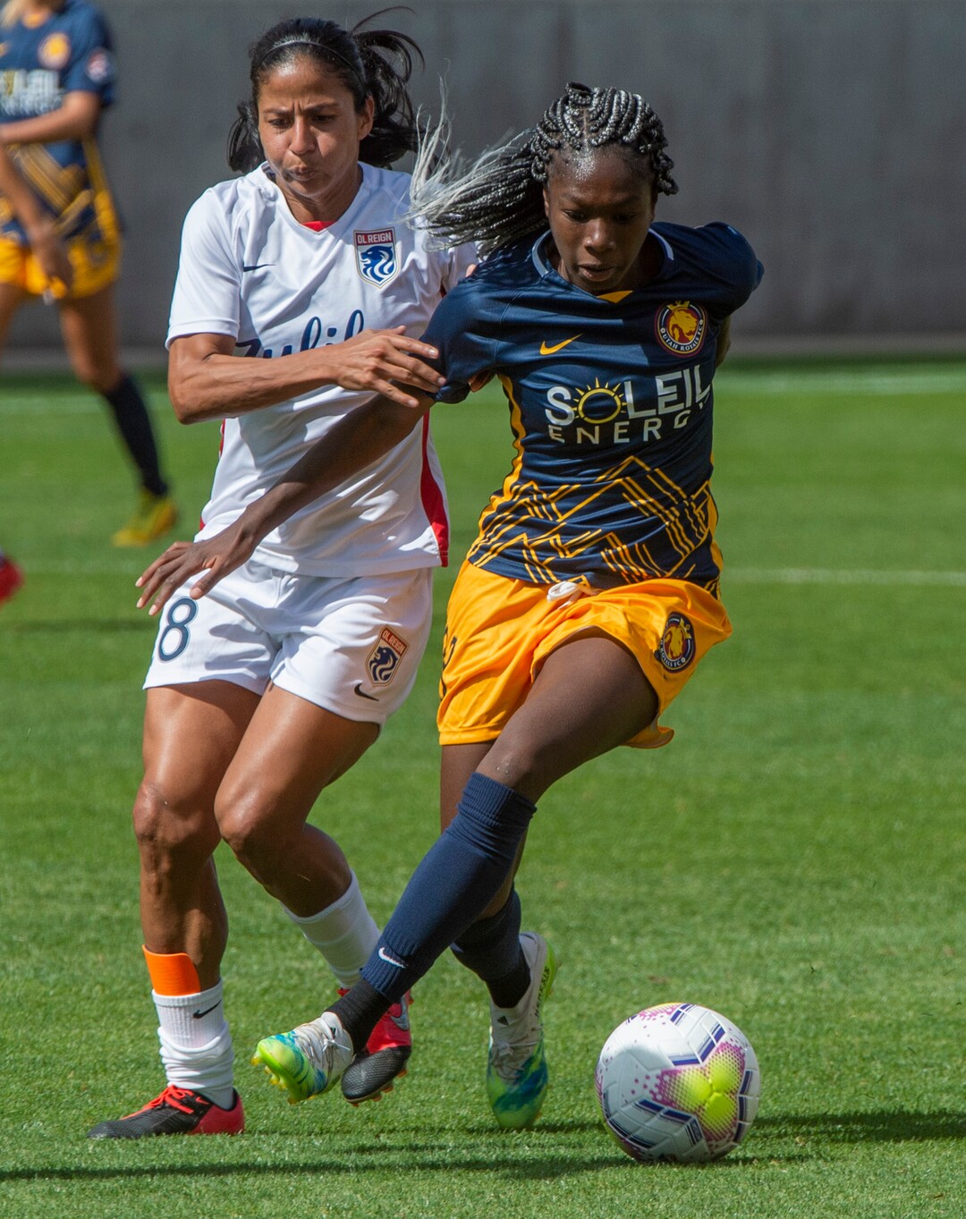 (Rick Egan  |  The Salt Lake Tribune)  Utah Royals FC midfielder Aminata Diallotakes the ball downfield as midfielder Shirley Cruz defends for Ol Reign FC, in soccer action between Utah Royals FC and Ol Reign FC at Rio Tinto Stadium in Sandy, Saturday, Sept. 26, 2020.
