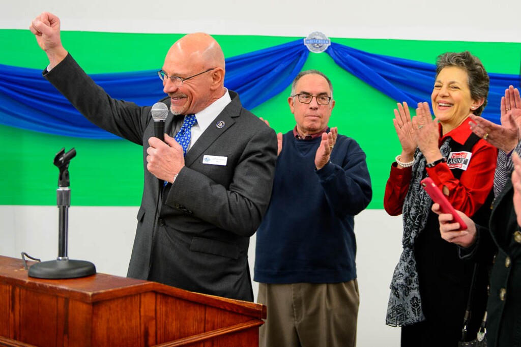 (Trent Nelson | The Salt Lake Tribune)  Millcreek City Mayor Jeff Silvestrini, left, speaks as the City of Millcreek celebrates its first birthday party and grand opening of its City Hall, Wednesday January 10, 2018. With him are Salt Lake County Councilman Sam Granato and Rep. Patrice Arent, D-Millcreek.
