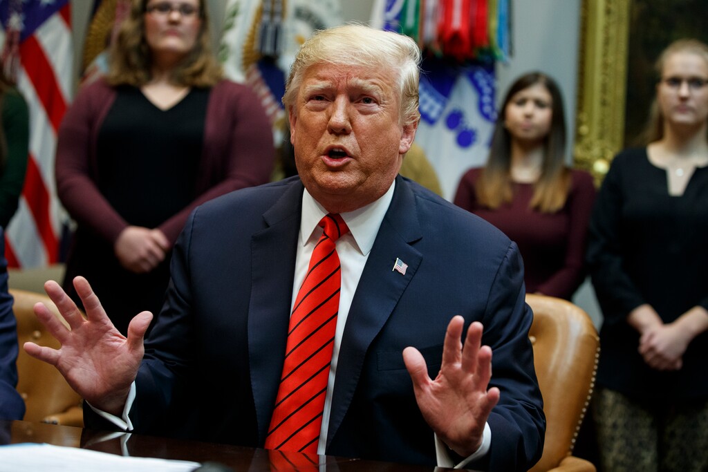 (Evan Vucci | AP) President Donald Trump speaks during an event where he congratulated astronauts Jessica Meir and Christina Koch as they conduct the first all-female spacewalk, from the Roosevelt Room of the White House, Friday, Oct. 18, 2019, in Washington.
