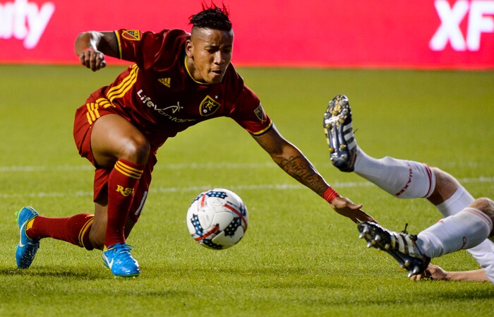 (Steve Griffin | The Salt Lake Tribune) Real Salt Lake forward Joao Plata (10) and San Jose's Tommy Thompson crash together in front of the Quakes goal during match at Rio Tinto Stadium in Sandy Wednesday August 23, 2017.