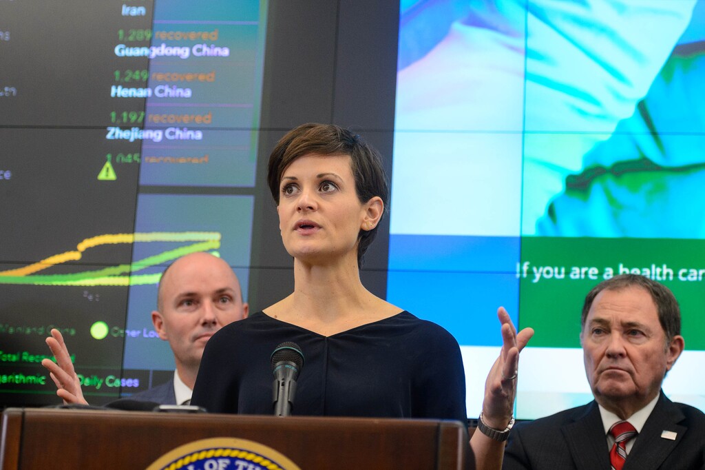 (Trent Nelson  |  The Salt Lake Tribune) Dr. Angela Dunn, Utah State Epidemiologist, speaks at a news conference in the state's Emergency Operations Center  on Thursday, March 12, 2020 addressing the current state of COVID-19 in Utah. Representatives from the Utah System of Higher Education, the Utah Board of Education, Utah Jazz, local health authorities and Utah Department of Health were also present.