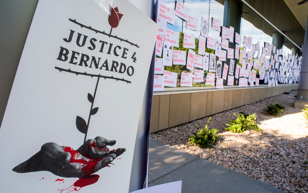 (Rick Egan  |  The Salt Lake Tribune)    Last nights signs were removed, so protesters posted more than 1000 signs on the Slat Lake District Attorney's Office, during a Justice for Bernardo protest on Wednesday, June 24, 2020.
