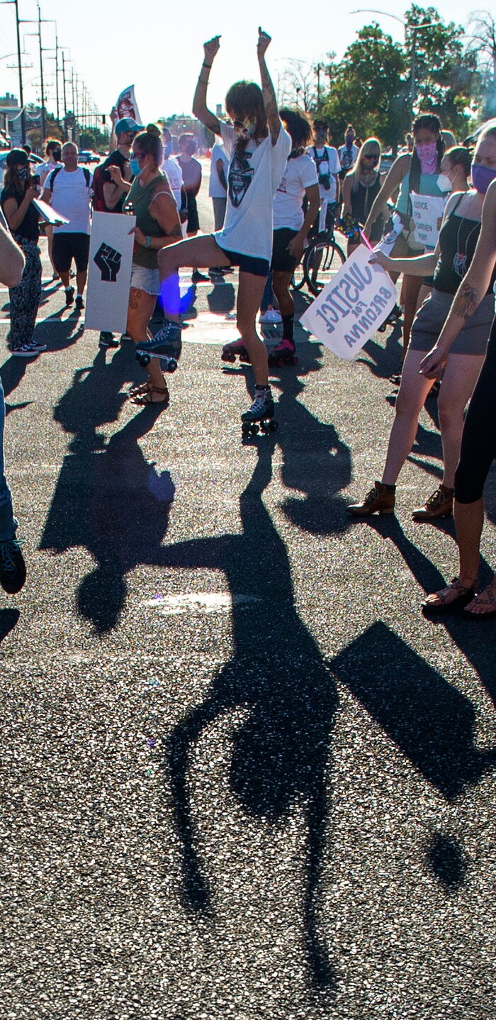 (Rick Egan  |  The Salt Lake Tribune)  Protesters  dance and roller skate in downtown Salt Lake City, during the Dance Dance Revolution protest for racial equality, on Sunday, Aug. 9, 2020.
