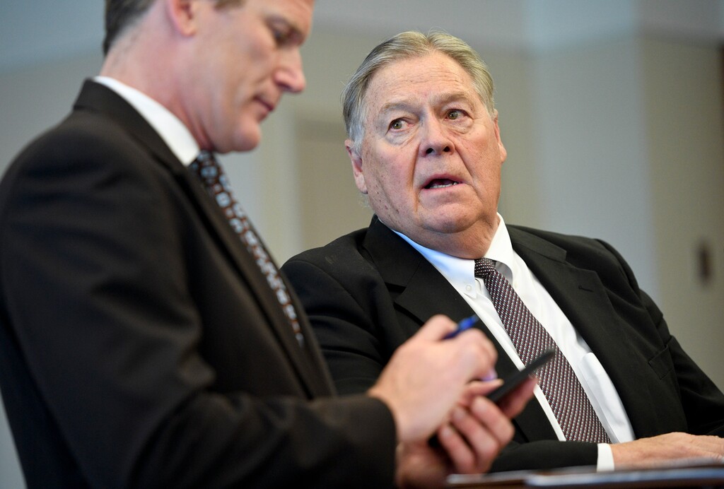 (Pool photo)  Gary Anderson talks with defense attorney Nathan Crane during the case of the State v. Anderson on Thursday, May 25, 2017 at the Matheson Courthouse in Salt Lake City.