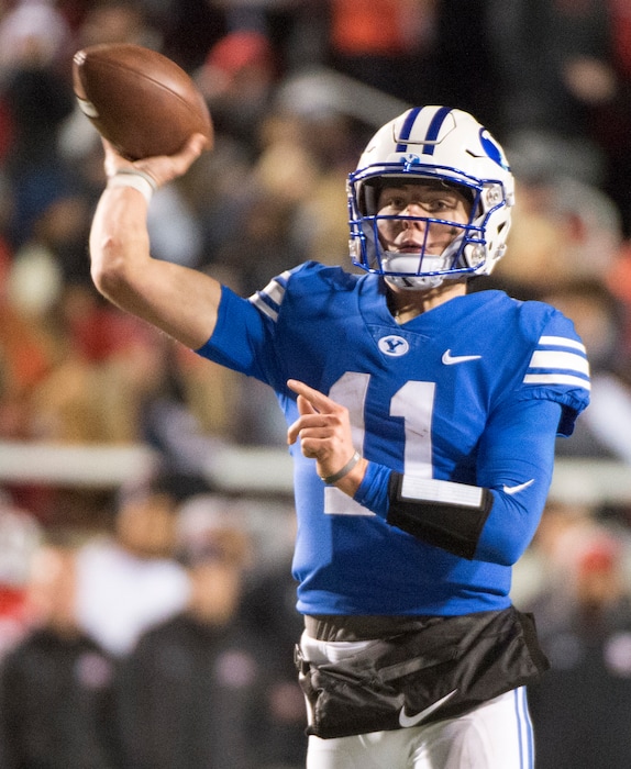 (Rick Egan  |  The Salt Lake Tribune)        Brigham Young quarterback Zach Wilson (11) throws a pass for the Cougars, ,  in football action between the Brigham Young Cougars and the Utah Utes, at Rice-Eccles Stadium, Saturday, November 24, 2018.