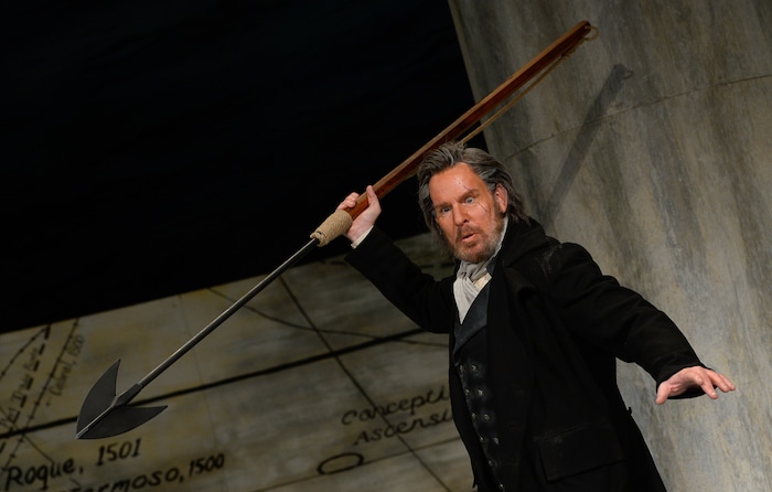 (Francisco Kjolseth  |  The Salt Lake Tribune)  Roger Honeywell as Captain Ahab joins other cast members onstage for Utah Opera's "Moby-Dick" at the Capitol Theatre. The upcoming 21st-century opera by Jake Heggie is based on the classic novel by Herman Melville. This is the first big revival of it, with brand-new sets and costumes built in the Utah Opera shop.