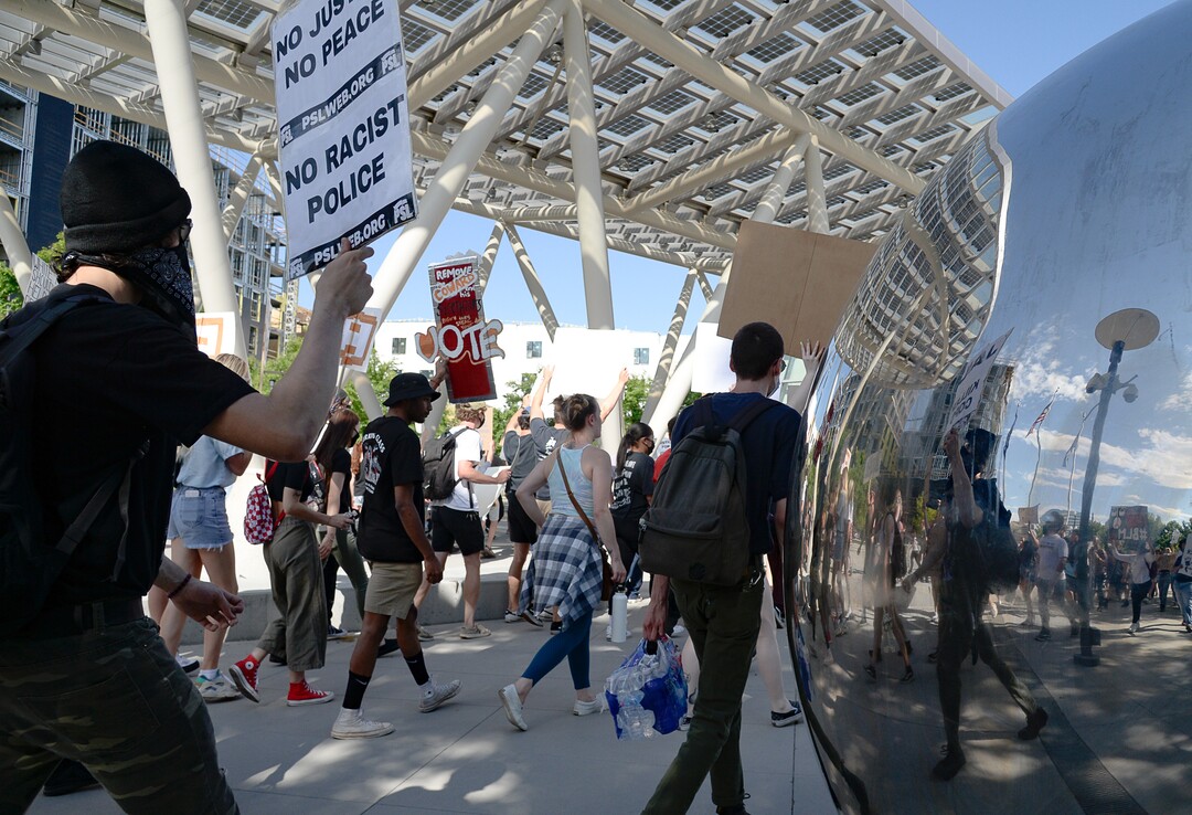 (Francisco Kjolseth  |  The Salt Lake Tribune) Demonstrators protest against police brutality on Wednesday, June 3, 2020, in downtown Salt Lake City, as the initially set 8 p.m. weeklong curfew was removed.