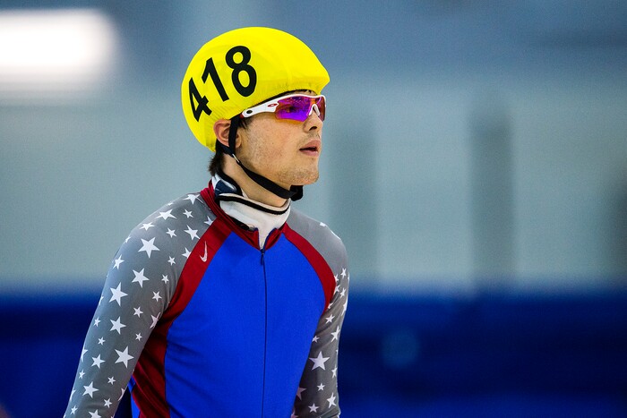 (Chris Detrick  |  The Salt Lake Tribune) John-Henry Krueger (418) competes in the US Short Track Fall World Cup Qualifier at the Utah Olympic Oval Saturday, August 19, 2017. 