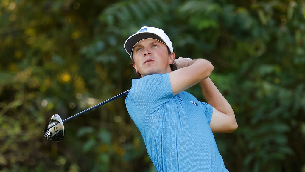 (Mike Buscher | AP) BYU golfer Cole Ponich tees off during an NCAA golf tournament on Wednesday, Oct. 2, 2024, in Fayetteville, Ark.