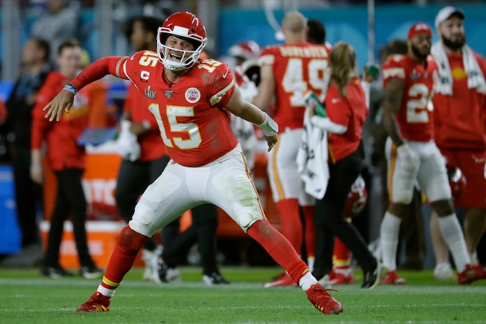 Kansas City Chiefs' quarterback Patrick Mahomes celebrates his touchdown pass to Damien Williams in the the second half of the NFL Super Bowl 54 football game Sunday, Feb. 2, 2020, in Miami Gardens, Fla. (AP Photo/John Bazemore)