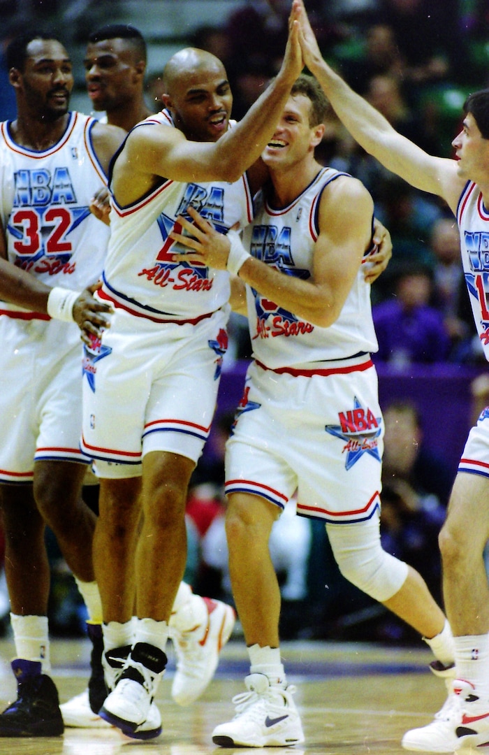 (Steve Griffin  | Tribune File Photo)  Karl Malone, Charles Barkley, and Dan Majerle and John Stockton play for the West team, in the 1993 All Star Game at the Delta Center in Salt Lake City, Sunday, Feb. 21, 1993.