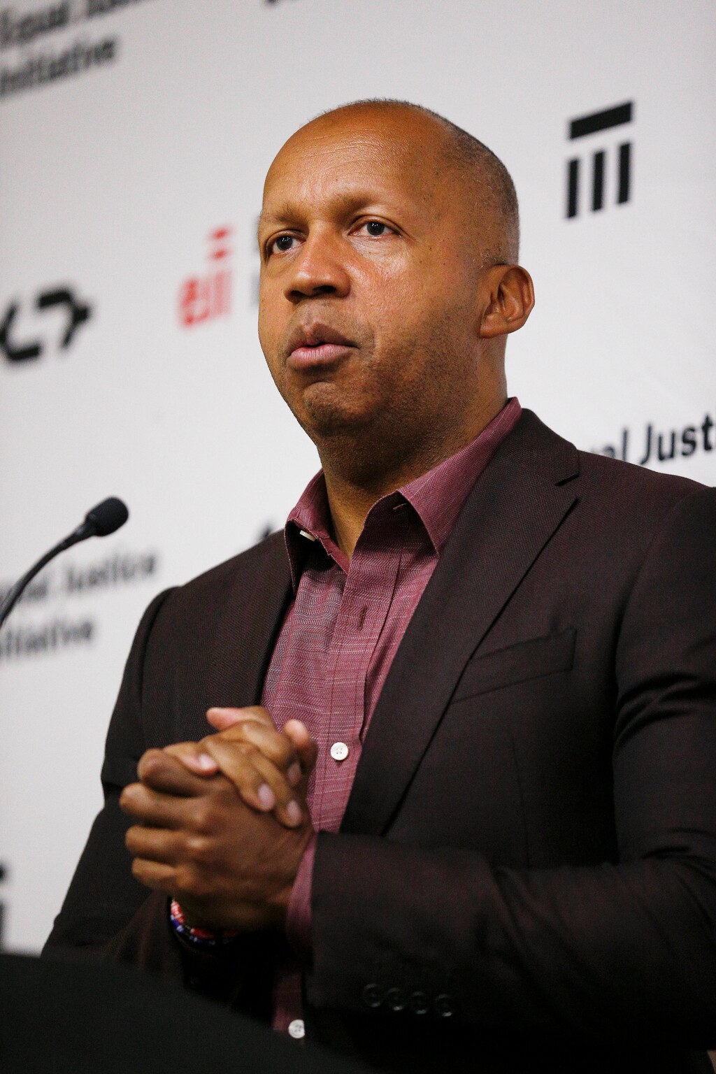 Bryan Stevenson speaks at a news conference, Monday, April 23, 2018, in Montgomery, Ala., about the National Memorial for Peace and Justice, and the Legacy Museum opening that will honor thousands of people killed in lynchings. (AP Photo/Brynn Anderson)