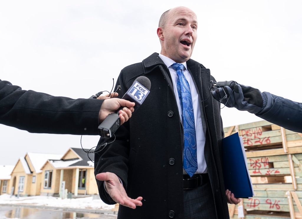 (Leah Hogsten | The Salt Lake Tribune) Gov. Spencer J. Cox announced his fiscal year 2024 budget recommendations Dec. 9, 2022 at a press conference in South Jordan. The proposed budget will include $1 billion in tax cuts and a $6,000 compensation increase for every teacher in the state.