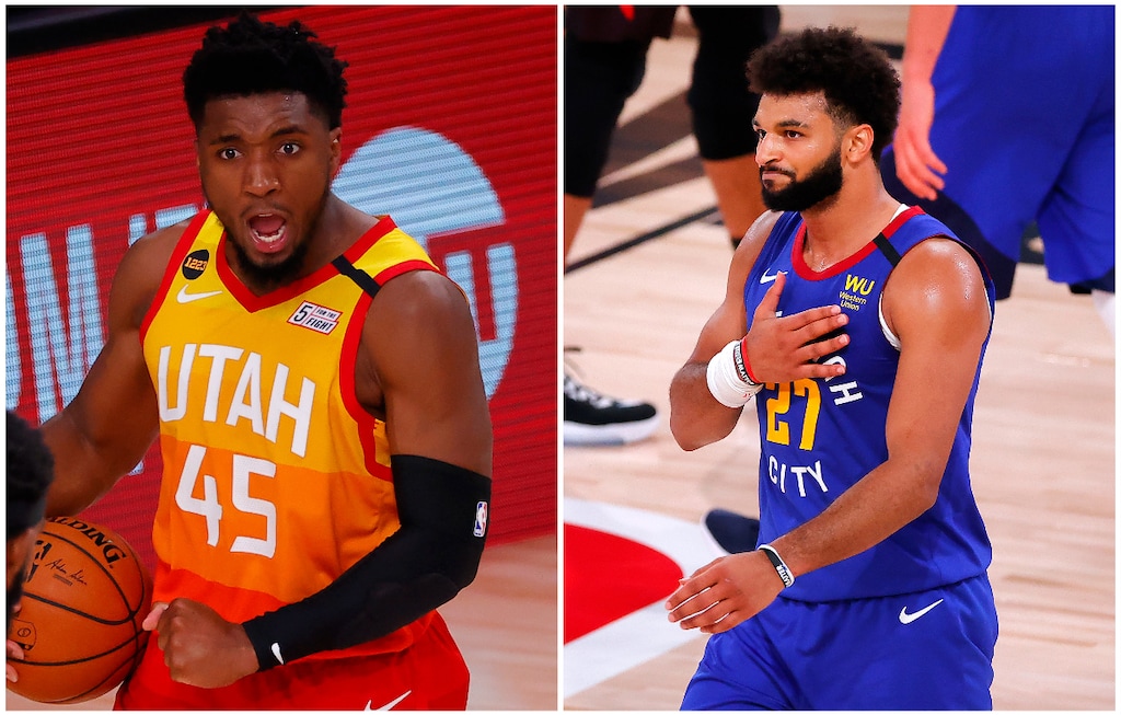 (Pool via AP) Utah Jazz guard Donovan Mitchell, left, and Denver Nuggets guard Jamal Murray, right.