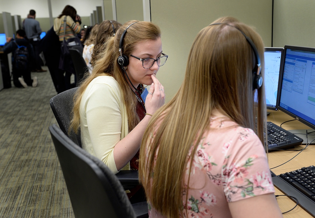 Scott Sommerdorf | The Salt Lake Tribune
Sister Colleen Henry speaks to a contact in Washington state from the Temple Square North Visitors Center. Missionaries showed how they use social media and video technology to connect with and teach people who want to learn more about the church, Thursday, March 8, 2018.