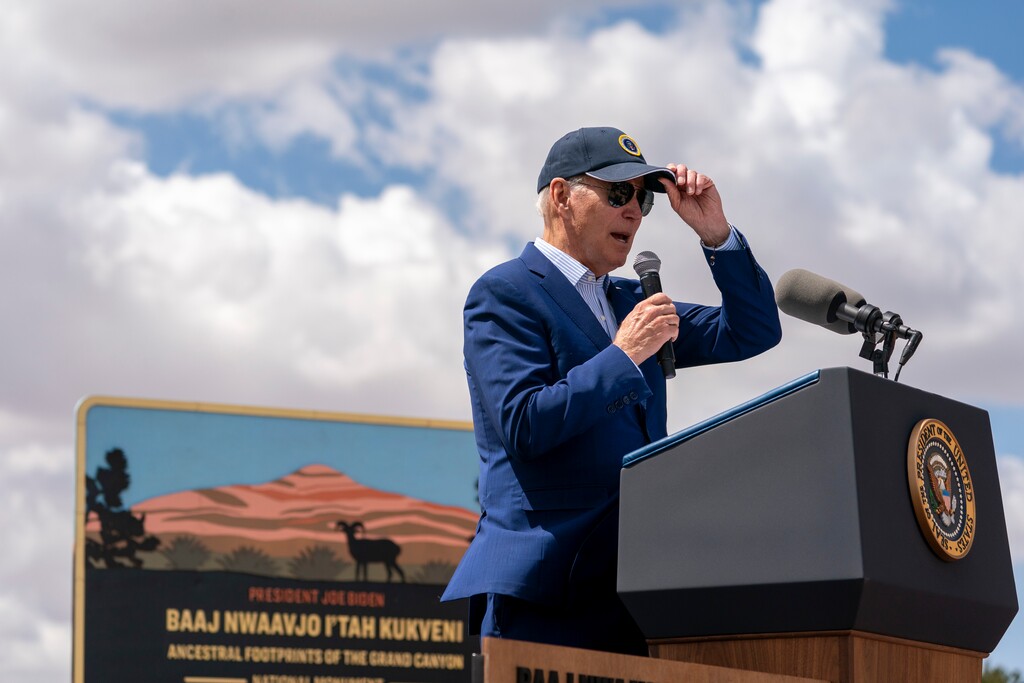 (Alex Brandon | AP) President Joe Biden speaks before signing a proclamation designating the Baaj Nwaavjo I'Tah Kukveni National Monument at the Red Butte Airfield Tuesday, Aug. 8, 2023, in Tusayan, Ariz.