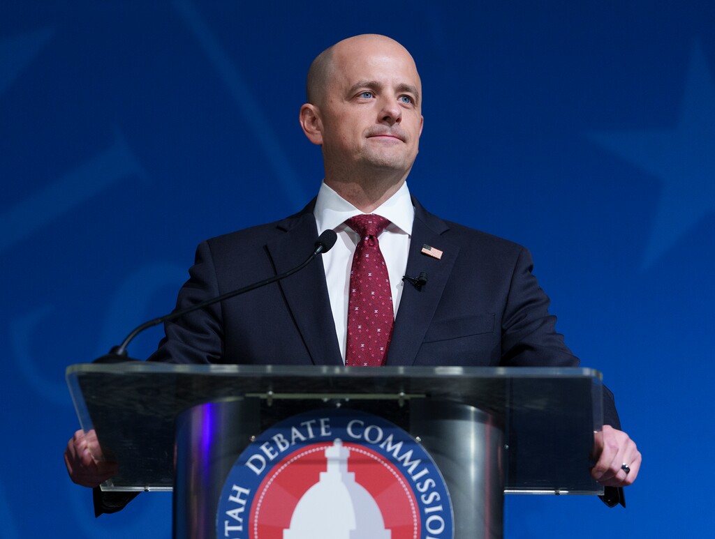 (Leah Hogsten | The Salt Lake Tribune) Evan McMullin, the independent challenger in Utah's 2022 U.S. Senate race, participates in a debate at Utah Valley University, Oct. 17, 2022, ahead of the November midterm election.
