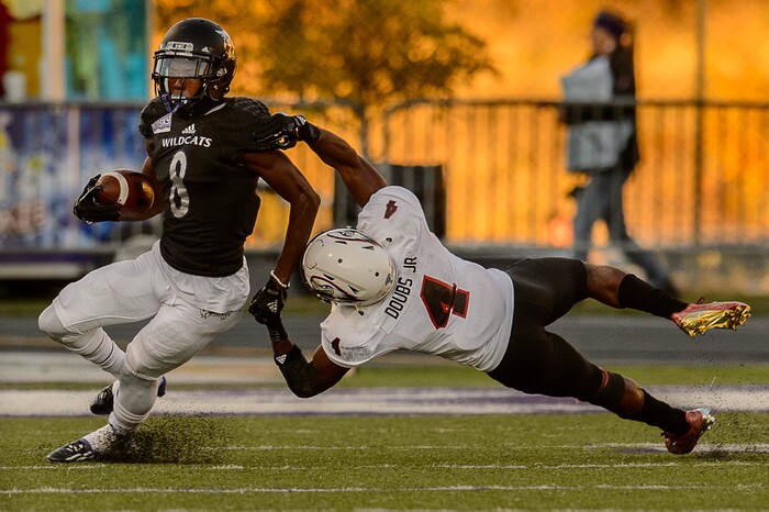 (Trent Nelson | The Salt Lake Tribune)  Southern Utah Thunderbirds cornerback Jarmaine Doubs (4) brings down Weber State Wildcats wide receiver Rashid Shaheed (8) as Weber State hosts Southern Utah, NCAA football in Ogden Saturday October 14, 2017.