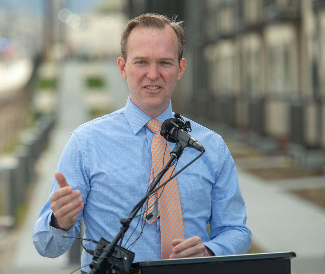 (Rick Egan  |  The Salt Lake Tribune)      US Rep. Ben McAdams says a few words, at the celebration of the new double-track rail line for the S-Line Sugar House Streetcar, Friday, April 5, 2019.
