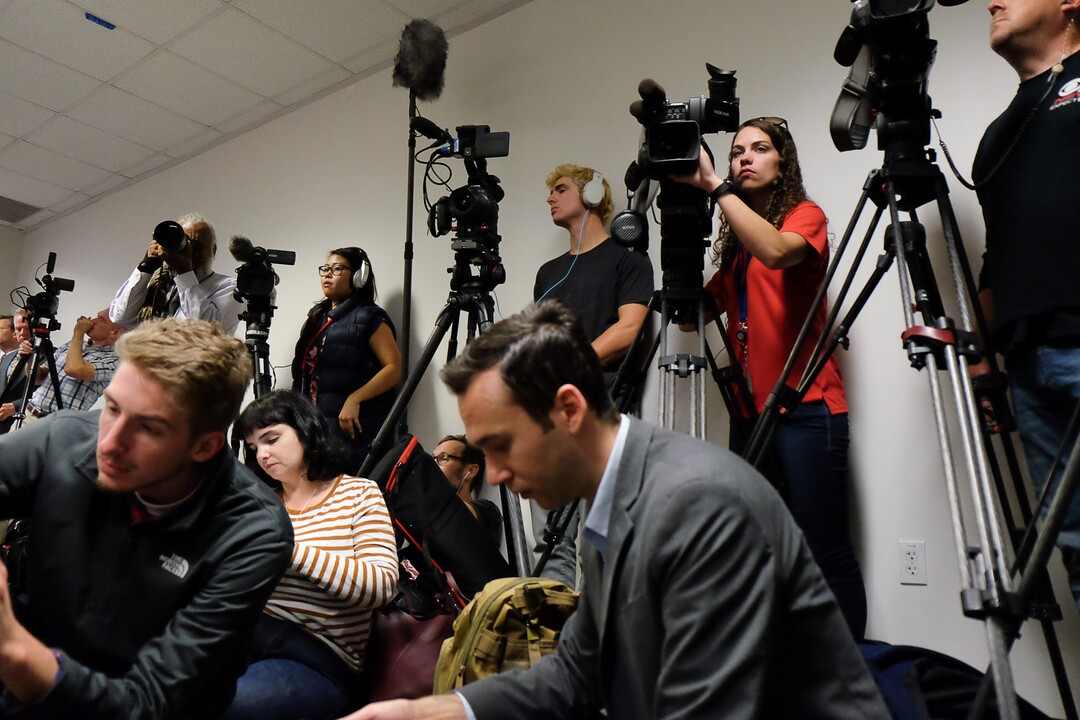 (Francisco Kjolseth  |  The Salt Lake Tribune)  Media pack into the small room at the Heber Wells building in Salt Lake City as state regulators hold a public hearing about a proposed ban on conversion therapy on Thursday, Sept. 26, 2019.