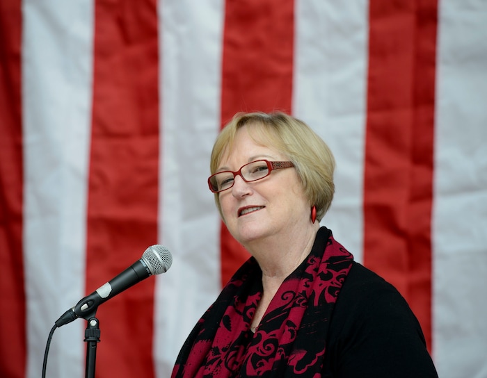 (Steve Griffin  |  The Salt Lake Tribune)  Justice Christine Durham reads the Preamble Of The Constitution to Midvale Middle School children and other guests as the Utah State Courts celebrate Constitution Day in the rotunda of the Matheson Courthouse in Salt Lake City Friday September 15, 2017.

