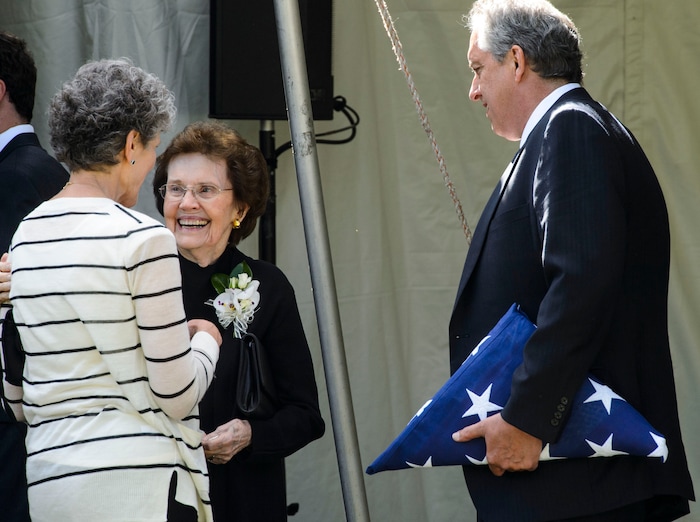 (Steve Griffin  |  The Salt Lake Tribune)  Mary Hales, center, visits with loved ones following graveside services for her husband Elder Robert D Hales at the Bountiful City Cemetery in Bountiful Friday October 6, 2017.