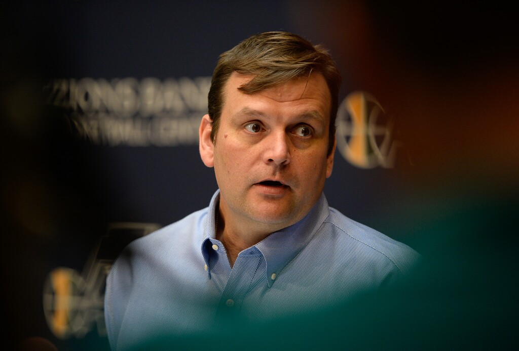 Francisco Kjolseth | The Salt Lake TribuneUtah Jazz GM Dennis Lindsey speaks with the media after the introduction of players George Hill and Joe Johnson at the Jazz training facilities on Friday, July 8, 2016. 