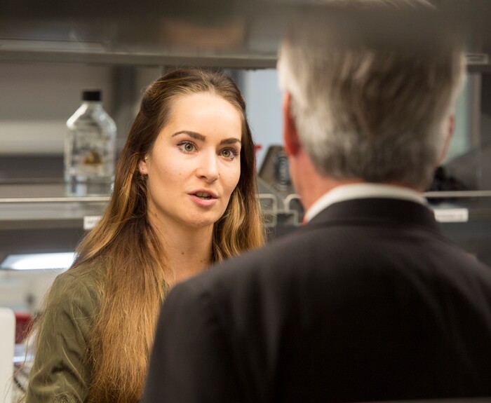 (Rick Egan  |  The Salt Lake Tribune)     Graduate student Zoe Praggastif, explains her project to Gary Crocker, at the opening of the new Gary and Ann Crocker Science Center at the University of Utah, Thursday, April 19, 2018.


