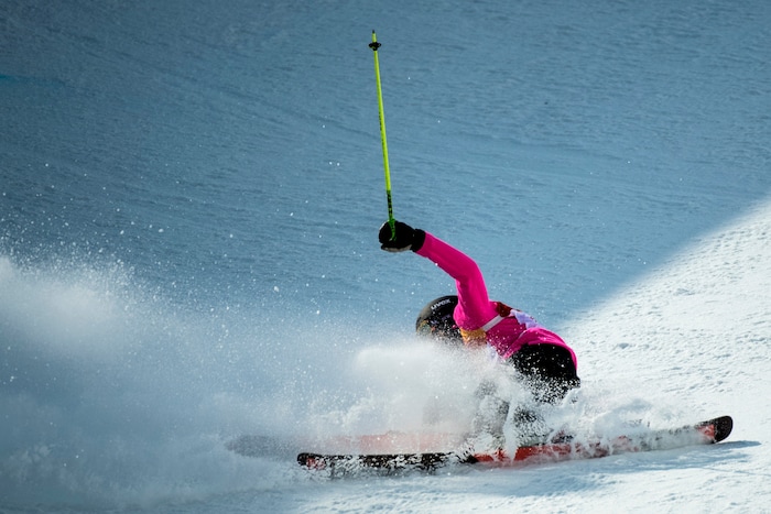 (Chris Detrick  |  The Salt Lake Tribune)  Sabrina Cakmakli of Germany crashes while competing in the Ladies' Ski Halfpipe Final Run at Phoenix Park during the Pyeongchang 2018 Winter Olympics Tuesday, Feb. 20, 2018. 