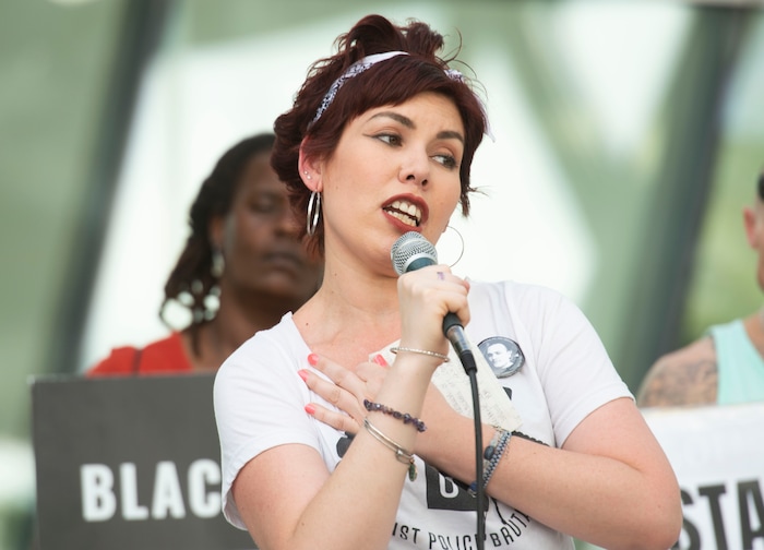 (Rick Egan  |  The Salt Lake Tribune)     Deb Blake talks about her experience with the Salt Lake City Police at the Inland Port protest two weeks ago,  during a rally sponsored by Utah Against Police Brutality,
Tuesday, July 23, 2019.