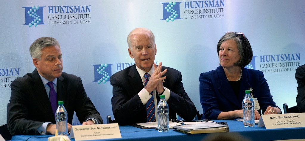 (Al Hartmann  |  The Salt Lake Tribune) Vice President Joe Biden, center, speaks at a roundtable discussion with former Utah Governor Jon M. Huntsman, Chair of the Hunstsman Cancer Foundation, left, and Mary Beckerle, PhD, Huntsman Cancer Institute, right, after touring the Huntsman Cancer Center in Salt Lake City Friday, February 26.