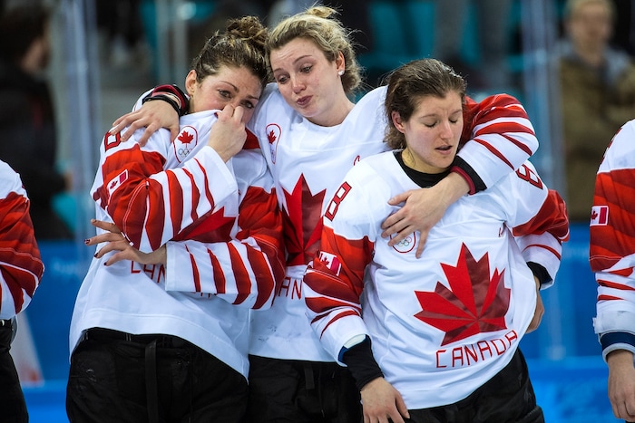 (Chris Detrick  |  The Salt Lake Tribune)  Members of team Canada after the Women's Gold Medal Game at Gangneung Hockey Centre during the Pyeongchang 2018 Winter Olympics Thursday, Feb. 22, 2018. United States defeated Canada 3-2 in a shootout victory. 