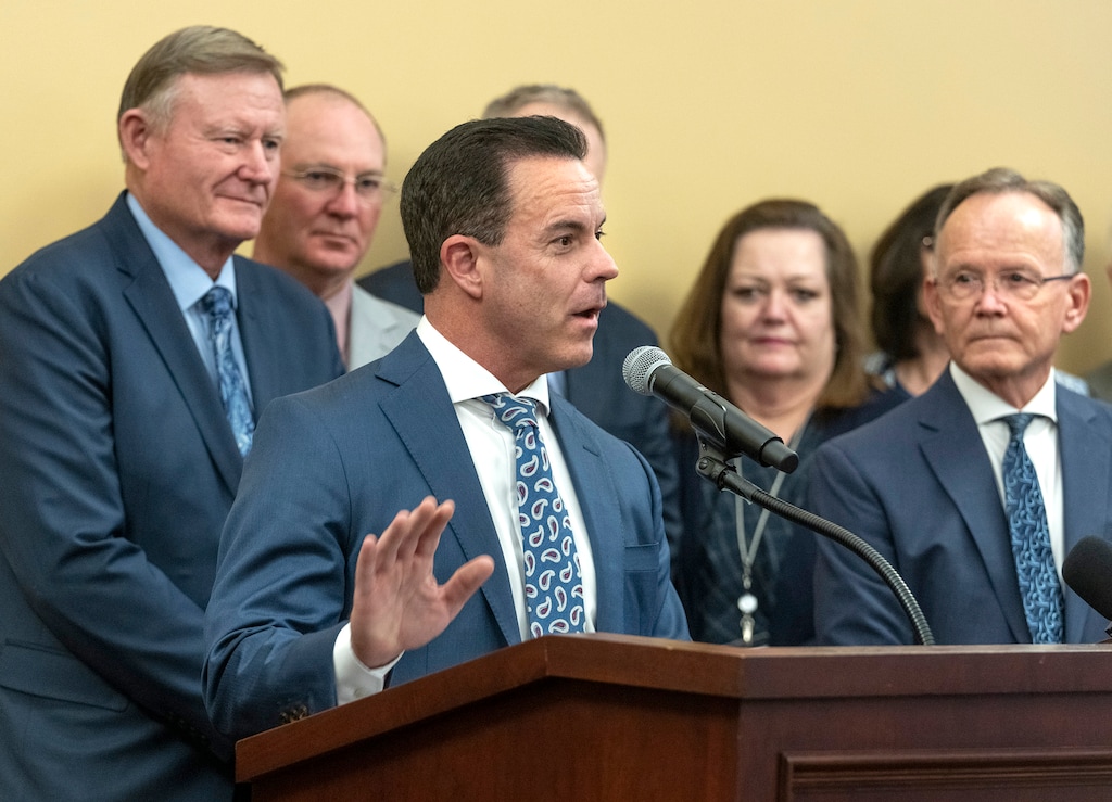 (Leah Hogsten | The Salt Lake Tribune) House Speaker Brad Wilson, R-Kaysville, at a new conference at the Capitol, Jan. 30, 2023.