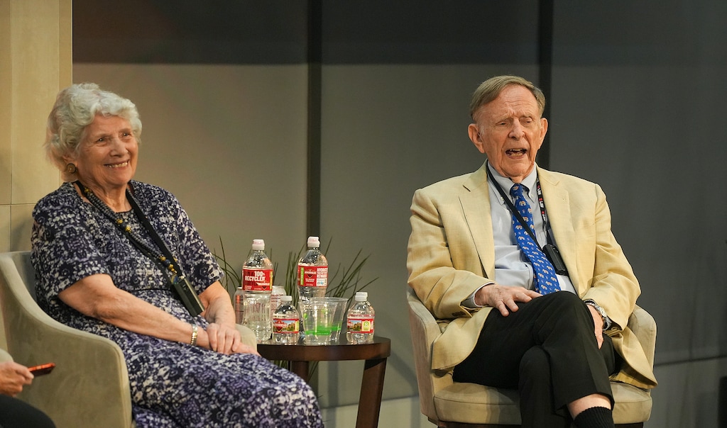 (Chris Samuels | The Salt Lake Tribune) Scholar Claudia Bushman and historian Richard Bushman speak during a live taping of the "Mormon Land" podcast at the University of Utah, Thursday, Sept. 14, 2023.