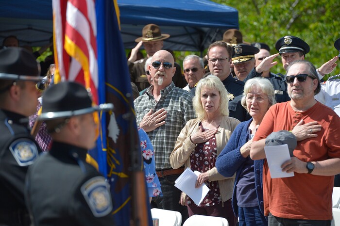 (Scott Sommerdorf | The Salt Lake Tribune)
As the colors were posted, attendees stood as they gathered to honor the 142 Utah police officers killed in the line of duty during the state's history, Thursday, May 3, 2018.
No Utah law enforcement officer died in the line of duty last year.