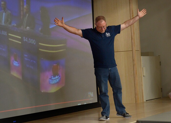 (Scott Sommerdorf | The Salt Lake Tribune)
Real Salt Lake Academy math teacher Steve Mond reacts to his win on the game show during the watch party at the school, Friday, May 11, 2018, as they showed his performance in the JEOPARDY! Teachers Tournament.