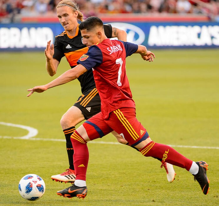 (Trent Nelson | The Salt Lake Tribune)  
Real Salt Lake forward Jefferson Savarino (7) shoots as Real Salt Lake hosts Houston Dynamo, MLS Soccer at Rio Tinto Stadium in Sandy, Utah, Wednesday May 30, 2018. At rear is Houston's Jared Watts (33).