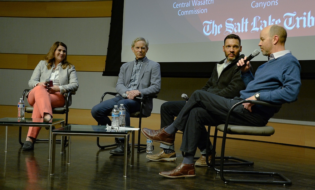 (Francisco Kjolseth  |  The Salt Lake Tribune) Salt Lake Tribune Editor Jennifer Napier-Pearce moderates a panel discussion about canyon congestion in the Cottonwood canyons with Ralph Becker of the Central Wasatch Commission, Carl Fisher with Save Our Canyons and Dave Fields, president of Snowbird, from left, at the Salt Lake City Public Library on Wednesday, Feb. 19, 2020.