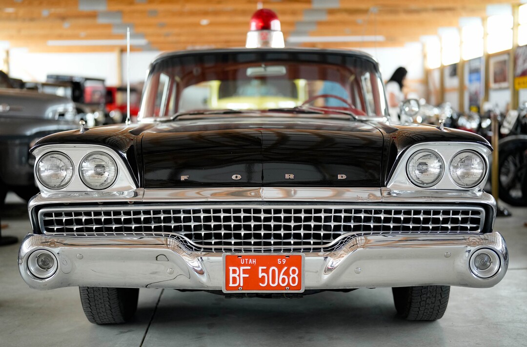 (Francisco Kjolseth  | The Salt Lake Tribune) A 1959 Ford Tudor Sedan unofficial police car is pictured at the Richard W. Erickson Foundation Power Show & Museum in Wallsburg, Utah on Tuesday, Aug. 6, 2024.