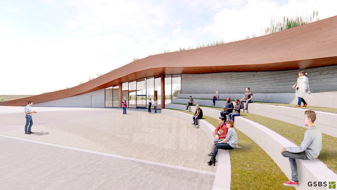 Architectural rendering courtesy of GSBS ArchitectsThe Boa Ogoi Cultural & Interpretive Center's 6,000 square-foot architecture was designed to show deep reverence for the sacred land and what the land means to the Shoshone People. The exterior will have several plazas, walking trails with information kiosks, an outdoor amphitheater. 