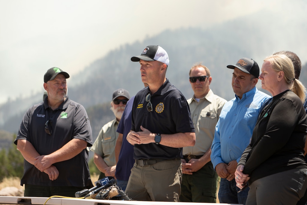 (Chris Caldwell | Special to The Tribune) Gov. Spencer Cox speaks to the media near the Forsyth Fire in Pine Valley Sunday, June 22, 2025. 