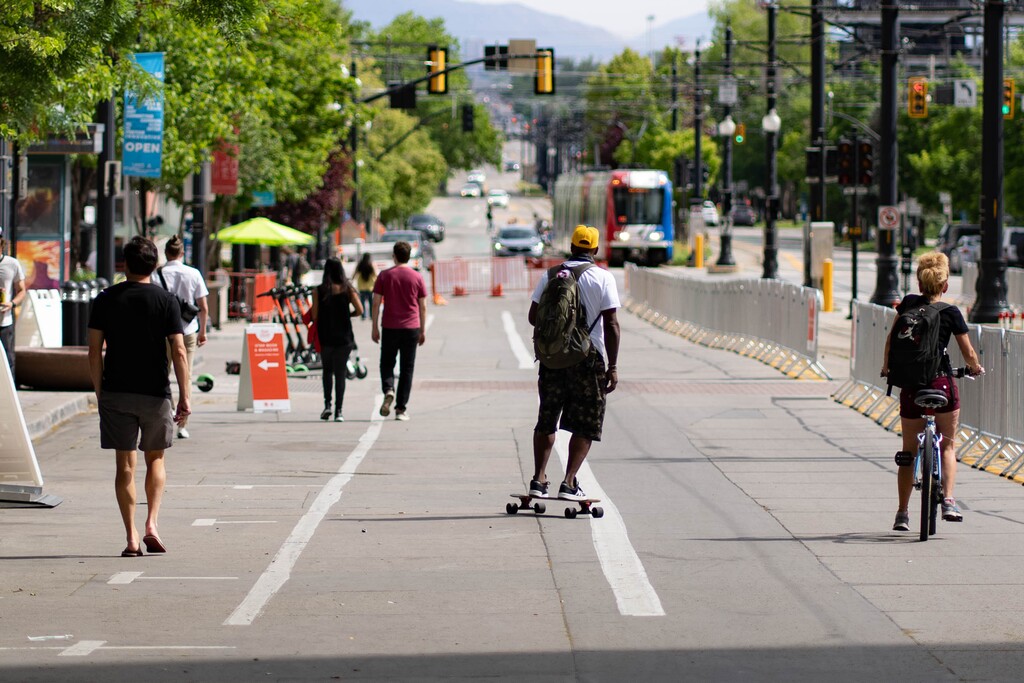 (Francisco Kjolseth | The Salt Lake Tribune) Salt Lake City closes portions of Main Street to car traffic on Saturday, May 29, 2021, to welcome shoppers, diners and pedestrians in a revival of last year’s Downtown SLC Open Street program which shares similarities to Vancouver's "slow street" approach.