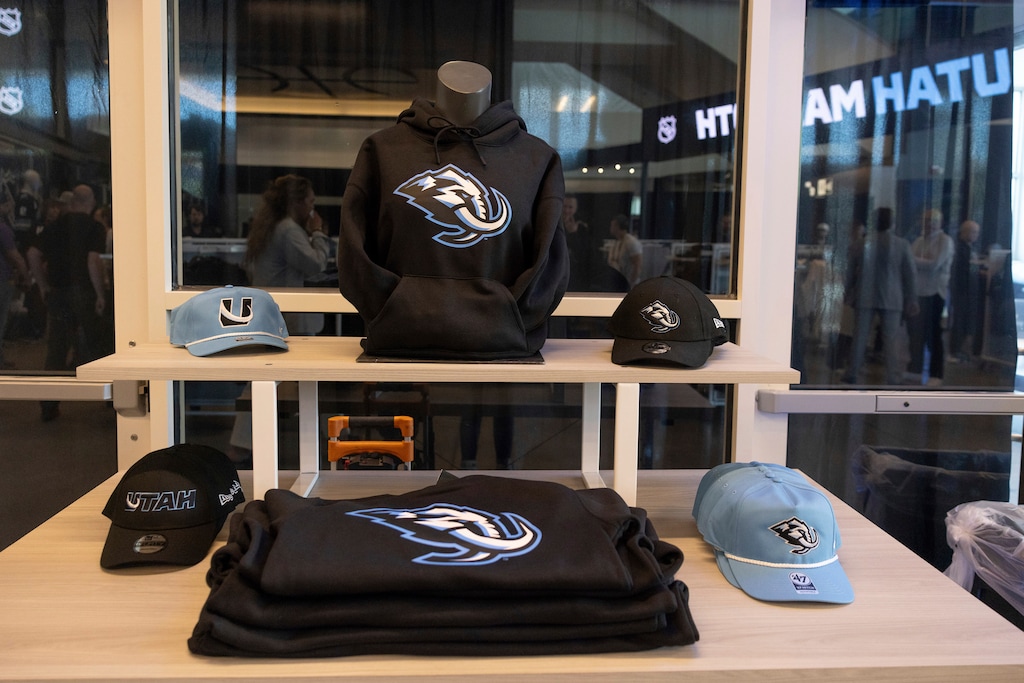 Utah Mammoth merchandise in the team store at the announcement of the Utah Mammoth as the new name and branding identity of Utah's NHL franchise, Wednesday, May 7, 2025, in Salt Lake City. (AP Photo/Melissa Majchrzak)