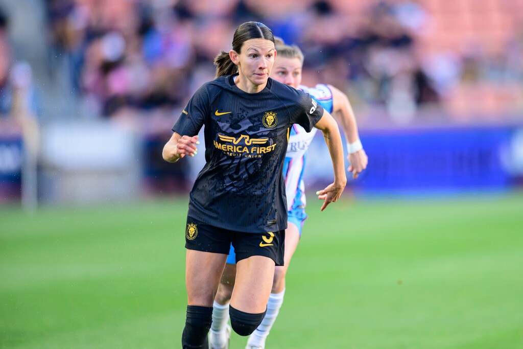 Utah Royals forward Cece Delzer, front, shown during a game in April, scored for the Royals in their 3-1 loss to Gotham FC on Friday night in Sandy, Utah. (AP Photo/Tyler Tate)