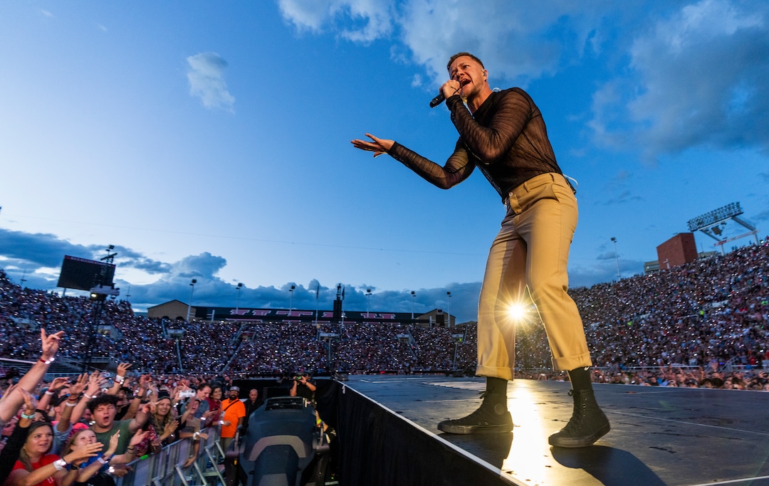 (Rick Egan | The Salt Lake Tribune) Dan Reynolds sings for Imagine Dragons, at Rice-Eccles Stadium, on Friday, Aug. 5, 2022.