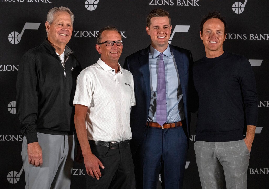 (Rick Egan | The Salt Lake Tribune) From left, Danny Ainge, Justin Zanik, Will Hardy and Ryan Smith pose for a photo during a news conference announcing Hardy as the new Utah Jazz head coach at Vivint Arena, on Tuesday, July 5, 2022.