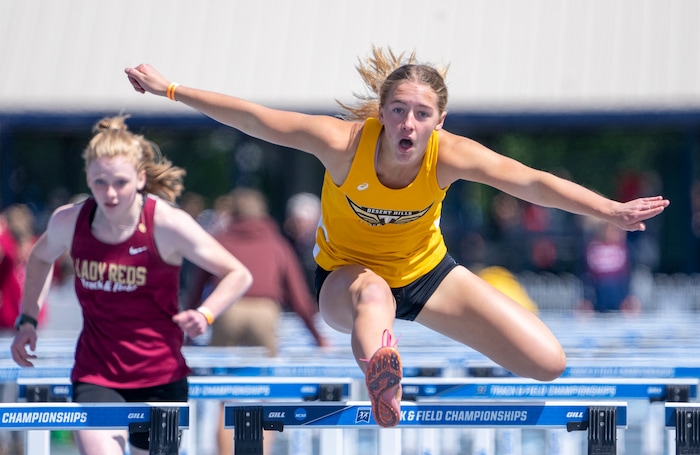 (Rick Egan | The Salt Lake Tribune) Lucy Harris finished first in her heat in the 4A Girl's 100 meter hurdles, at the Utah High School State Track Meet, at BYU on Friday, May 20, 2022.
